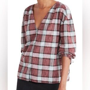 Madewell Plaid Maroon 3/4 Sleeve Button-Up Women's Top